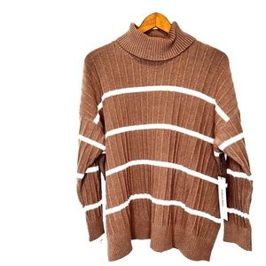 Calvin Klein Tan and White striped sweater with side slit. Size XL, NWT